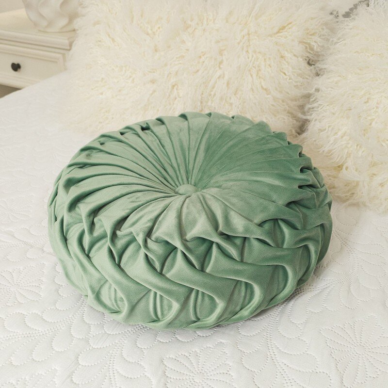 Perna decorativa rotunda, catifea model Premium cusut manual, verde menta
